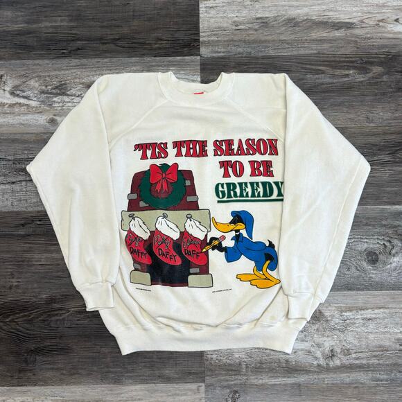 Vintage Hanes Tis The Season To Be Greedy Daffy Duck Mens L Retro Sweatshirt USA - Picture 1 of 8